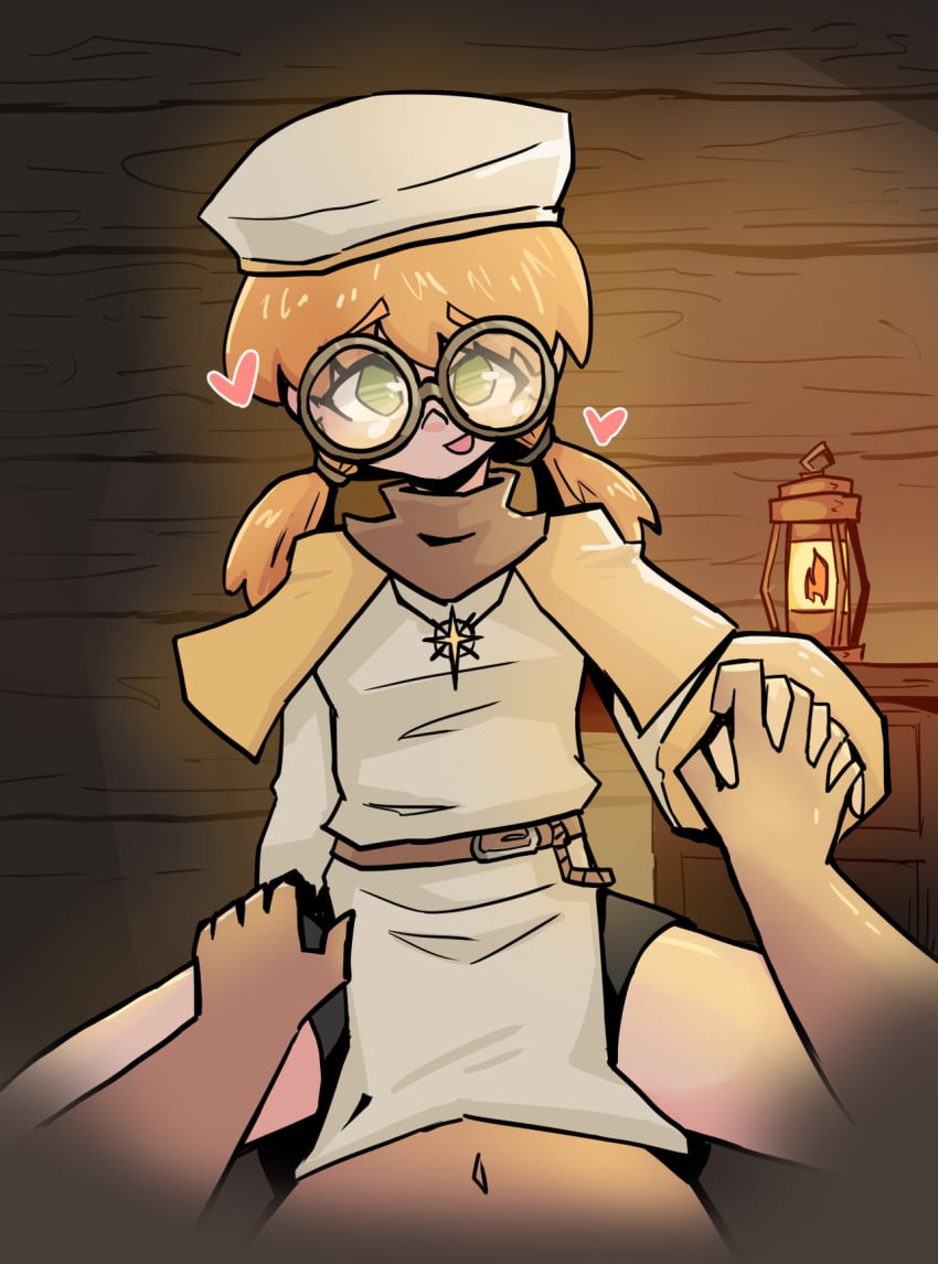 alternate_version_available cleric_girl_(juztplay) eyebrows_visible_through_hair glasses green_eyes hat heart hearts_around_head hi_res high_quality holding_hand holding_thigh juztplay lamp looking_at_viewer necklace open_mouth orange_hair ponytails pov pov_eye_contact star_necklace wood wooden_wall