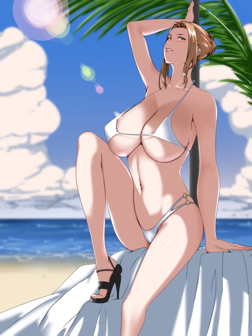 1girls alternate_version_available beach big_breasts bikini bikini_bottom bikini_top breasts brown_hair cleavage female female_only hair heels high_heels huge_breasts lips mature mature_female mature_woman milf mole mole_under_eye mother nypaon palm_tree platform_heels solo solo_female swimsuit swimwear tachibana-san-chi_no_dansei_jijou tachibana_kyouka white_bikini