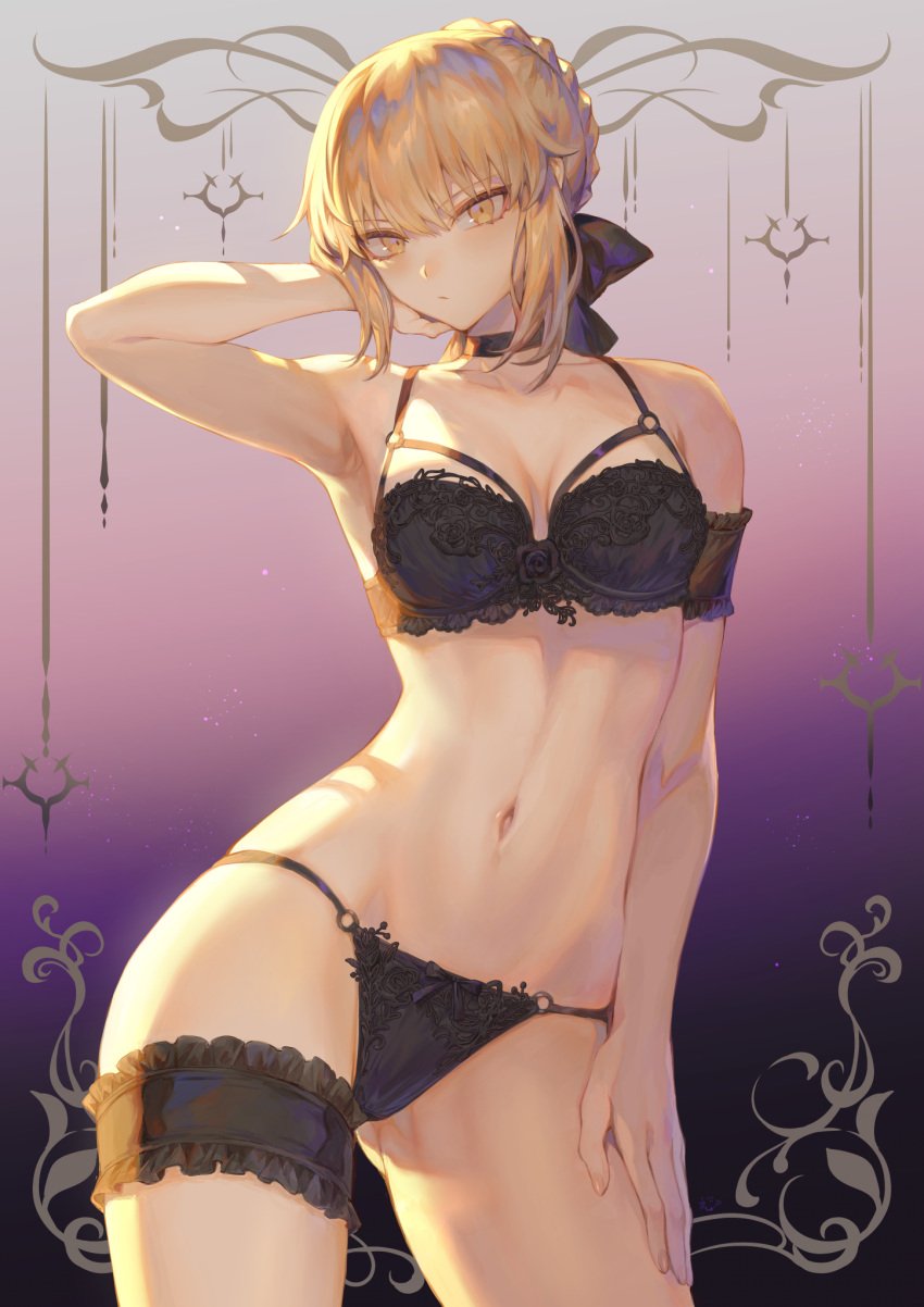 1girls alternate_costume arm_up armpits artoria_pendragon_(fate) ass_visible_through_thighs belly belly_button black_bra black_choker black_panties blonde_female blonde_hair bra breasts bridal_garter choker closed_mouth contrapposto fate/grand_order fate/stay_night fate_(series) female female_focus female_only hair_bun hand_on_own_thigh hi_res high_resolution highres light-skinned_female light_skin lingerie lingerie_bouquet looking_at_viewer mashu_003 medium_breasts navel only_female panties saber saber_alter sidelocks solo solo_female solo_focus stomach underwear underwear_only yellow_eyes