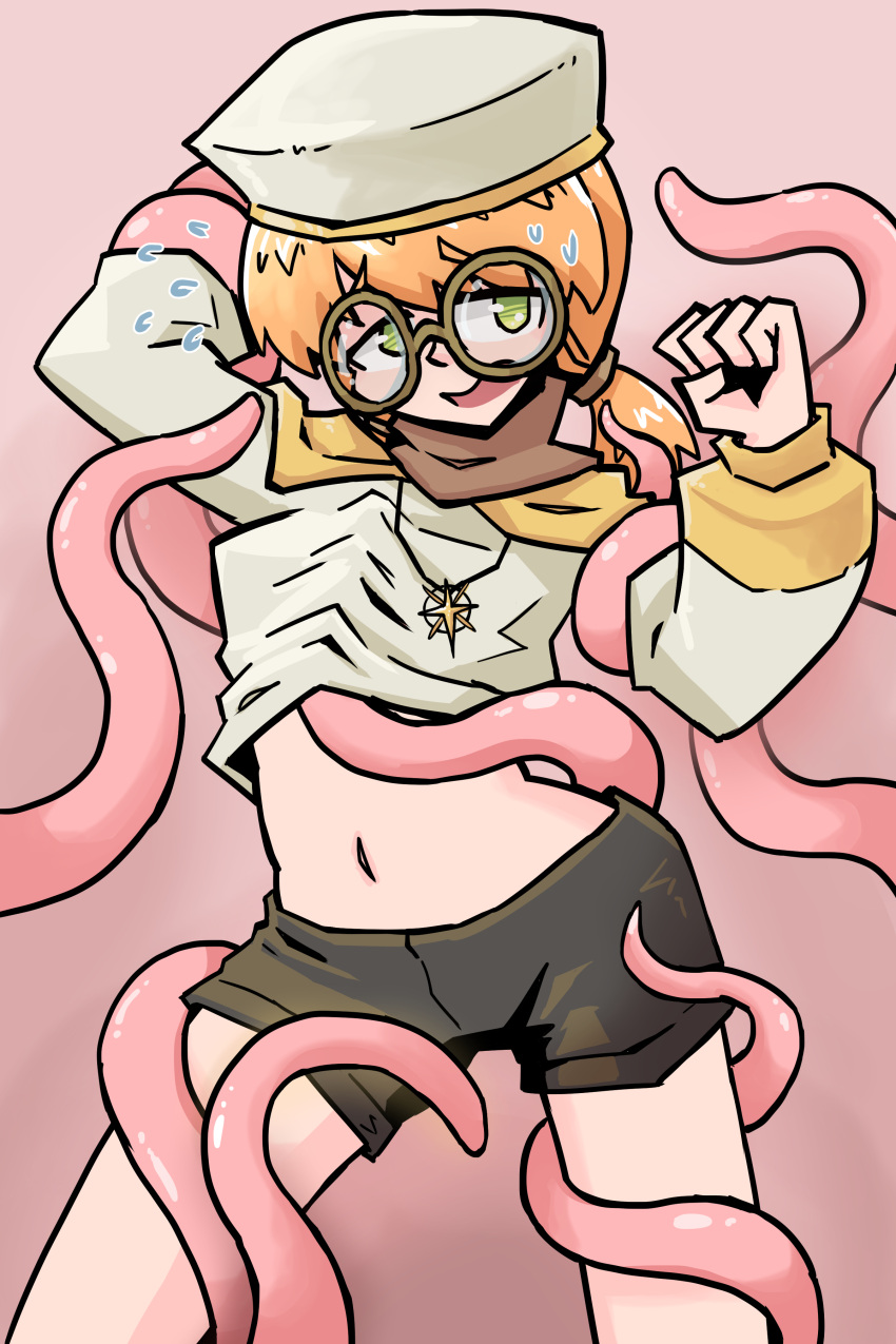 alternate_version_available cleric_girl_(juztplay) dubious_consent eyebrows_visible_through_hair glasses green_eyes hat hi_res high_quality juztplay necklace open_mouth orange_hair ponytails star_necklace sweat sweatdrops tentacle wrapped_in_tentacles wrapped_up