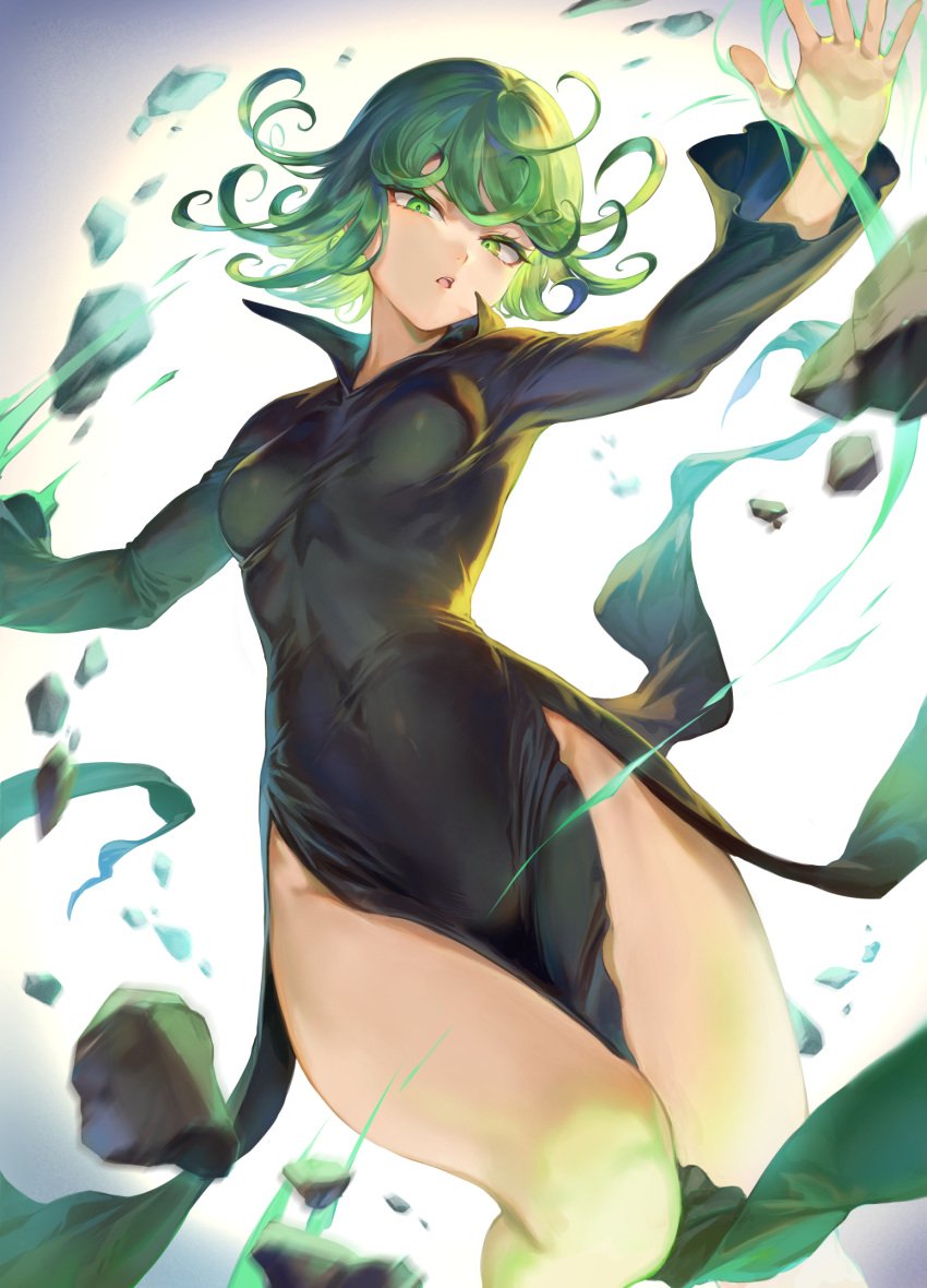 1girls bare_legs belly belly_button black_dress blush bottomless breasts covered_navel curly_hair dress female female_focus female_only floating floating_rock green_eyes green_hair hi_res high_resolution highres light-skinned_female light_skin long_hair long_sleeves looking_at_viewer mashu_003 one-punch_man only_female open_mouth pelvic_curtain shiny shiny_clothes shiny_hair side_slit skin_tight small_breasts solo_female solo_focus stones tatsumaki telekinesis thick_thighs thighs