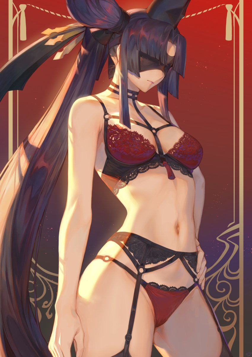 1girls arm_at_side belly belly_button black_choker black_garter_belt black_garter_straps black_hair black_thighhighs blindfold bra breasts choker closed_mouth fate/grand_order fate_(series) female female_focus female_only garter_belt garter_straps hair_bun hair_ornament hair_stick hand_on_hip hat hi_res high_resolution highres lace-trimmed_bra lace-trimmed_lingerie lace-trimmed_panties lace_trim light-skinned_female light_skin lingerie mashu_003 medium_breasts navel only_female panties red_background red_bra red_panties shiny shiny_hair side_ponytail single_side_bun solo solo_female solo_focus stomach taira_no_kagekiyo_(fate) tate_eboshi thighhighs thighs underwear underwear_only ushiwakamaru_(fate)