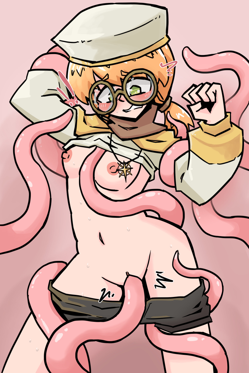 !! alternate_version_available breasts breasts_exposed breasts_out cleric_girl_(juztplay) closed_mouth eyebrows_visible_through_hair first_porn_of_character glasses green_eyes hat hi_res high_quality juztplay necklace shorts shorts_down shorts_pull star_necklace sweat sweaty sweaty_body tentacle tentacle_between_breasts tentacle_sex vaginal_penetration vaginal_sex wrapped_in_tentacles wrapped_up