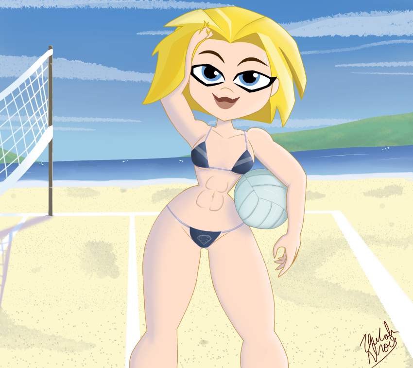 abs beach beach_volleyball big_ass bikini blonde_hair blue_eyes crashicbros12 dc dc_comics dc_super_hero_girls kara_danvers kara_zor-el large_breasts large_hips pinup short_hair supergirl thick_thighs thin_waist toned_female volleyball volleyball_net