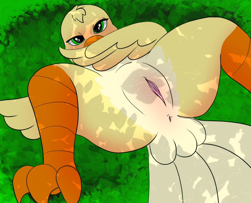 anthro avian covering covering_breasts female green_eyes hi_res looking_at_viewer lying on_back solo that_floof_neo yellow_body