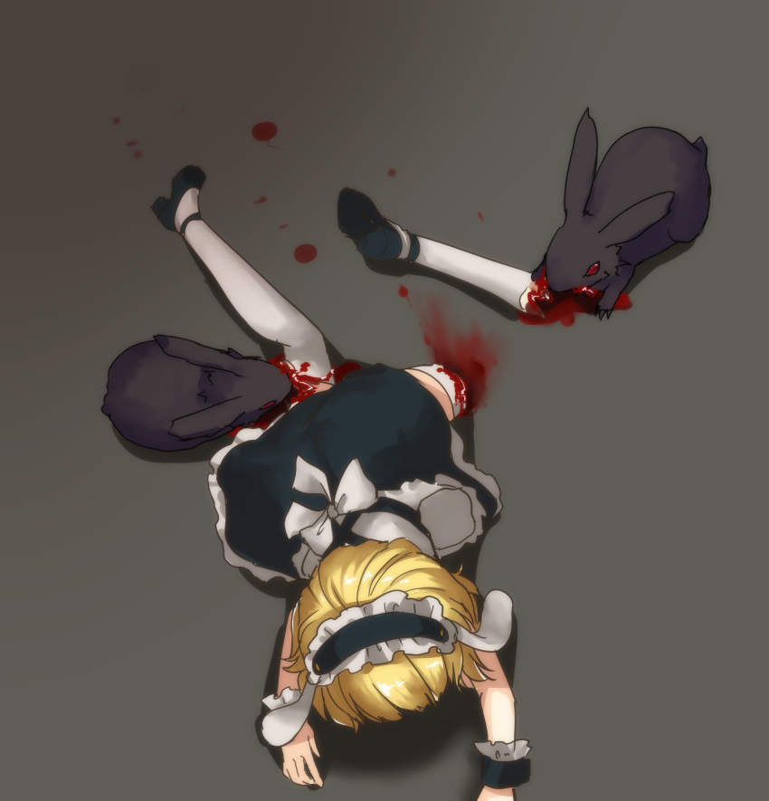 absurd_res ambiguous_gender black_body black_fur blonde_hair blood bodily_fluids clothing digital_media_(artwork) eating falling female feral footwear fur gore group hair hi_res human is_the_order_a_rabbit? kirima_syaro lagomorph legwear leporid maid_uniform mammal rabbit red_eyes shoes stockings trio uniform white_clothing white_legwear white_stockings younger_male