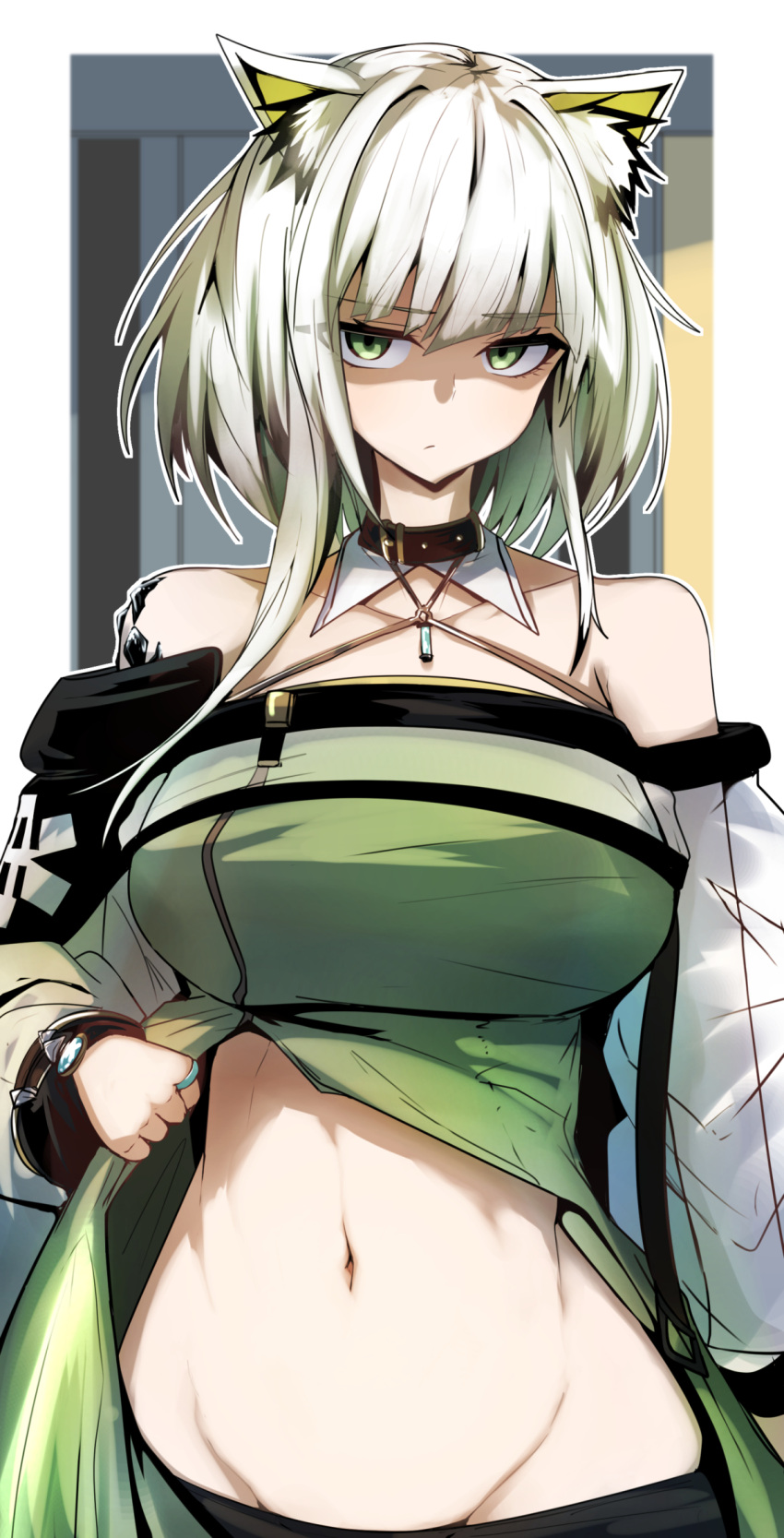 animal_ears arknights asymmetrical_hair bare_shoulders breasts cat_ears closed_mouth clothes_pull cowboy_shot detached_collar detached_sleeves dress dress_pull female frown gin_moku glaring green_dress green_eyes groin hair_intakes highres jewelry kal'tsit_(arknights) large_breasts light_green_hair looking_at_viewer medium_hair multicolored_hair navel oripathy_lesion_(arknights) pendant pulled_by_self ring see-through see-through_sleeves shaded_face sidelocks solo stomach white_hair