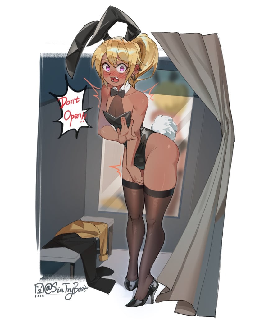 1boy animal_ears ass bare_shoulders big_ass black_leotard blonde_hair blush blush_lines bulge bunny_boy bunny_ears bunny_tail bunnysuit changing_room clothed clothing clothing_aside crossdressing curtains curvaceous curvy dark-skinned_male dark_skin detailed_background digital_media_(artwork) ear_piercing earrings embarrassed english english_text eyelashes eyeliner fake_animal_ears fangs femboy feminine_male fully_clothed hair hair_between_eyes headwear hi_res high_heels highres human human_only large_ass legwear leotard lingerie long_hair looking_at_viewer makeup male male_only male_playboy_bunny mirror neckerchief open_mouth original original_character piercing ribbon shiny_skin shocked shocked_expression signature sintrybest_(artist) sissy solo solo_male speech_bubble standing surprised tail teeth text thick_thighs thighhighs thighs trap twitching voluptuous wide_eyed wide_hips