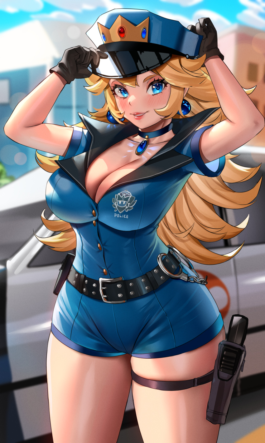 1girls absurd_res arms_up blonde_hair blue_eyes breasts car city cleavage clothed_female clothing enmanuelart20 female female_only gun handcuffs hat hi_res hips holster huge_breasts leg_holster long_hair mario_(series) naughty_face nintendo outdoors police police_uniform policewoman princess_peach skindentation smile solo standing thick_thighs thighs uniform very_long_hair wide_hips