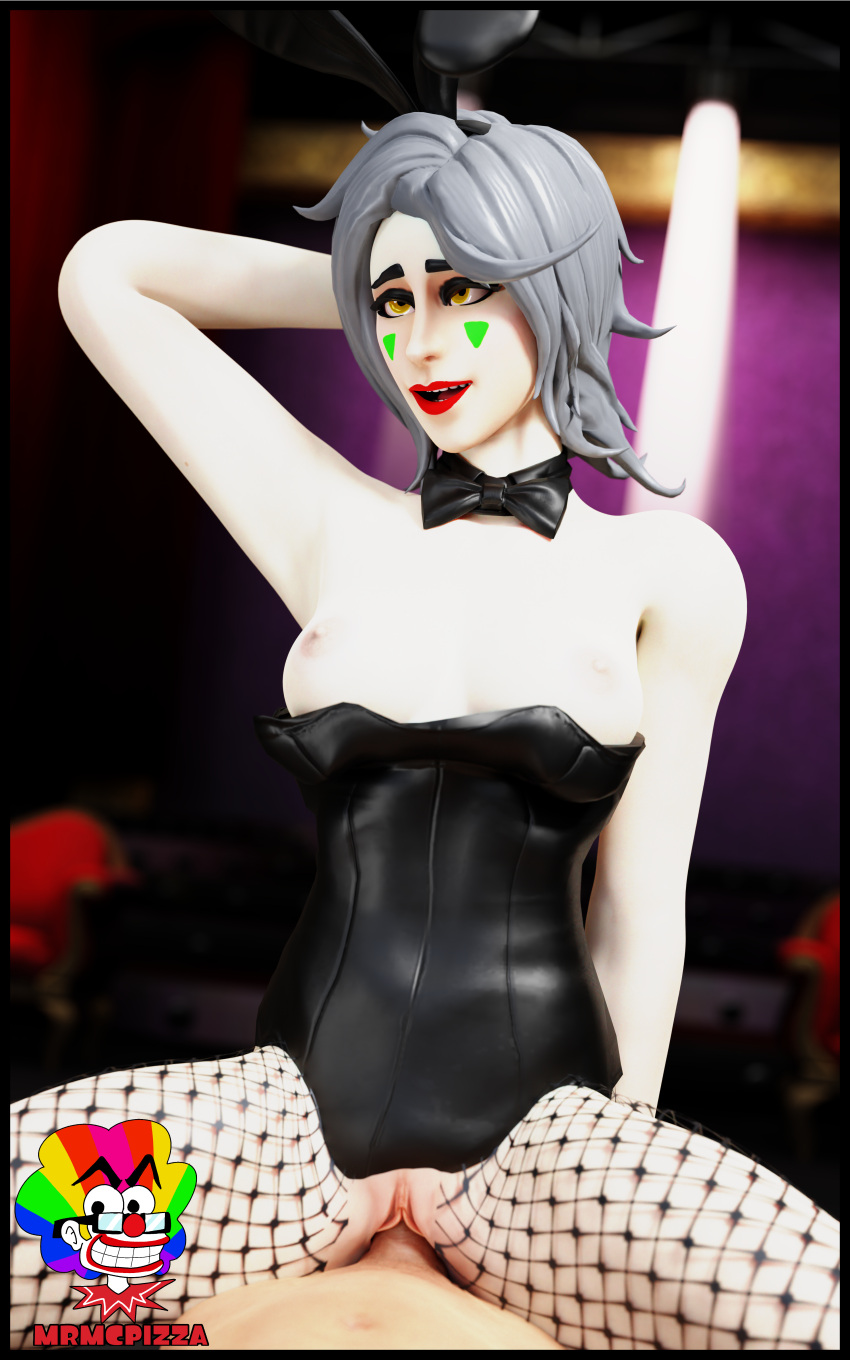 bunny_ears bunny_girl bunnysuit clown clown_girl clown_makeup clussy cowgirl_position gray_hair mariam_zahh mrmcpizza ripped_clothing white_skin