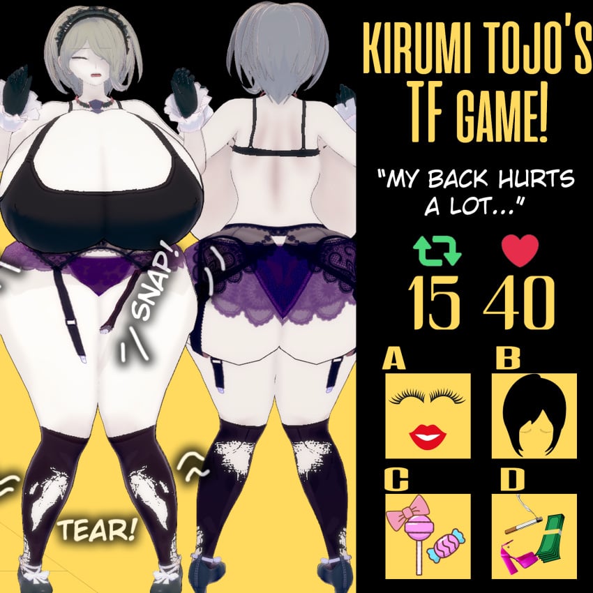 ass_expansion back_pain breast_expansion danganronpa danganronpa_v3 embarrassed expansion hourglass_expansion hourglass_figure hyper_ass hyper_breasts pervyvicky straight_hair tearing_clothes torn_clothes toujou_kirumi