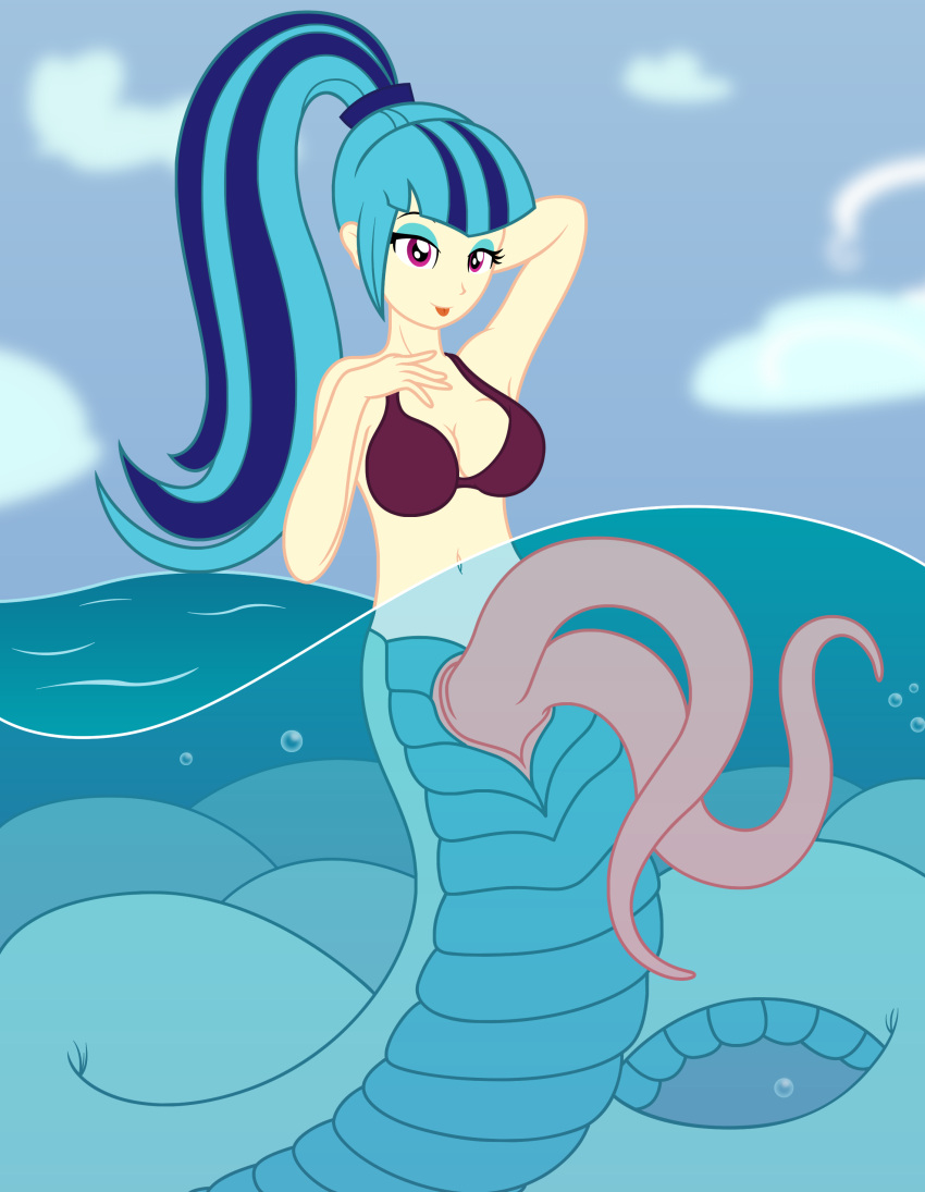 2_penises absurdres badumsquish bikini bikini_top blue_hair diphallia diphallism equestria_girls friendship_is_magic futanari genitals hasbro highres humanoid long_penis looking_at_viewer merfolk mermaid multi_genitalia multi_penis multicolored_hair my_little_pony penis purple_eyes sea_serpent siren solo sonata_dusk swimwear tongue tongue_out two_tone_hair water