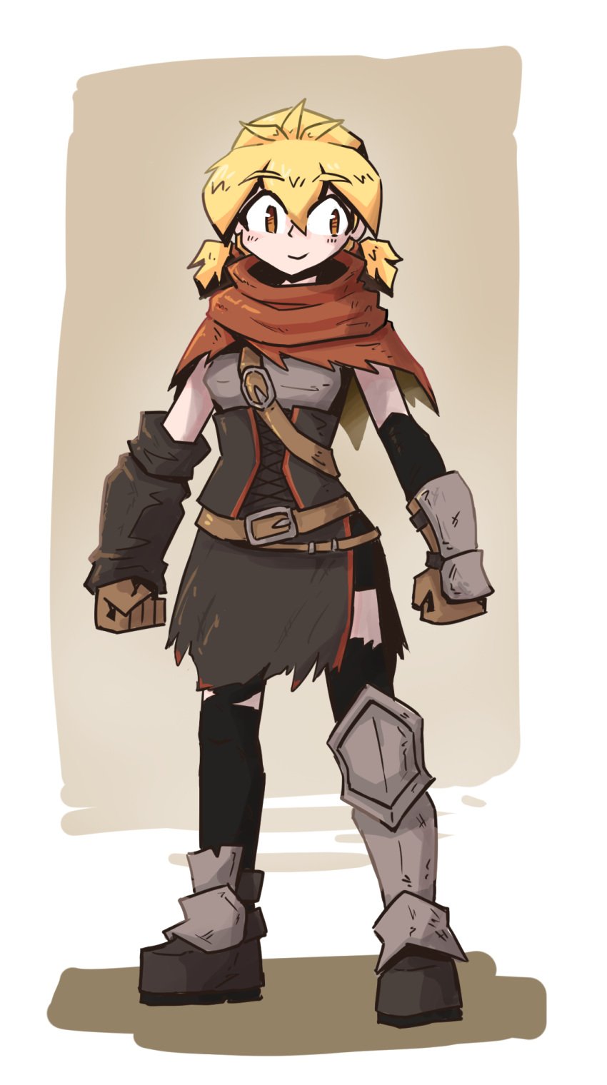 adventurer armor brown_eyes eyebrows_visible_through_hair hi_res high_quality juztplay klea_(juztplay) leather_gloves looking_at_viewer ponytails red_scarf safe_for_work sfw smile waist_belt white_background yellow_hair