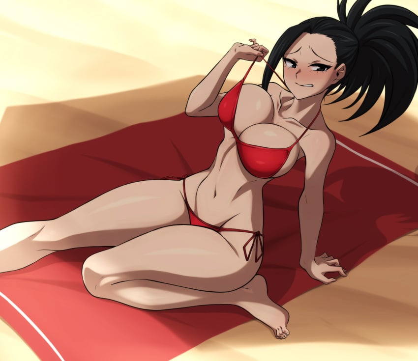 1girls beach beach_towel bikini bikini_pull bikini_strings black_eyes black_hair blush breasts cleavage clenched_teeth embarrassed female_only high_ponytail huge_breasts looking_at_viewer medium_hair momo_yaoyorozu my_hero_academia nervous outdoors patrickdja ponytail pulling_bikini_string red_bikini red_swimsuit sitting swimsuit thick_thighs thighs wide_hips