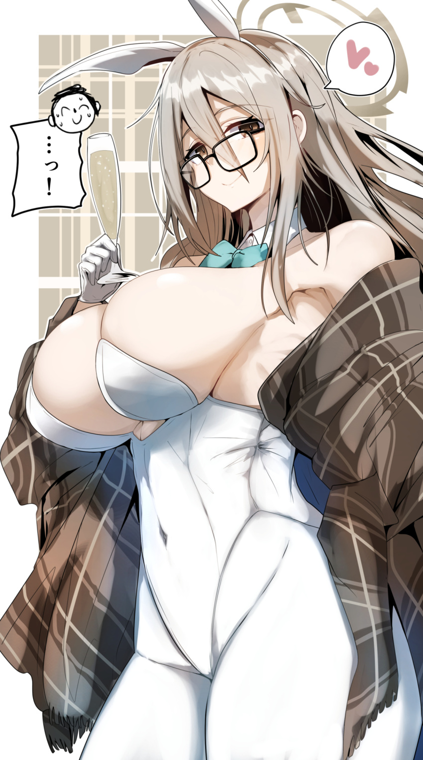 1boy akane_(blue_archive) akane_(bunny)_(blue_archive) animal_ears armpits blue_archive border breasts brown_eyes collarbone detached_collar fake_animal_ears female gin_moku glass glasses gloves highres huge_breasts leotard light_brown_hair looking_at_viewer navel outside_border pantyhose plaid plaid_background plaid_shawl playboy_bunny rabbit_ears sensei_(blue_archive) shawl sideboob white_border white_gloves white_leotard white_pantyhose