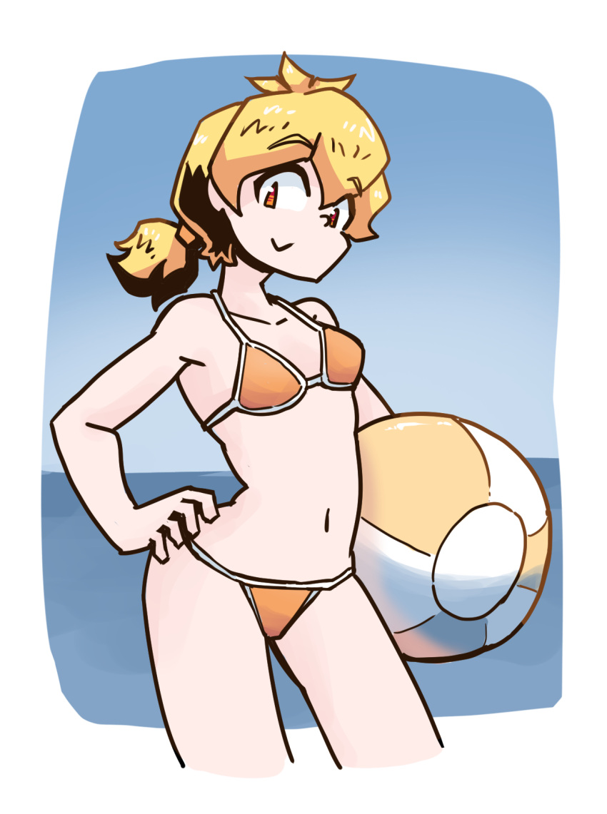 beach_ball brown_eyes eyebrows_visible_through_hair hi_res high_quality holding_beach_ball holding_object juztplay klea_(juztplay) looking_at_viewer orange_bikini orange_panties ponytail sfw simple_background smile yellow_hair