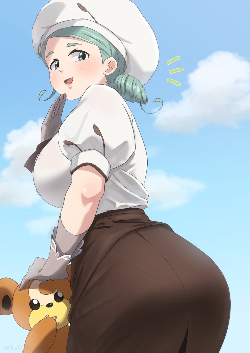 1girls 1pokemon ass big_ass big_breasts bottomwear breasts clothing dat_ass female female_focus game_freak handwear hat headwear huge_ass ikutomi_pizza katy_(pokemon) mature mature_female mole mole_under_eye pokémon_(species) pokemon pokemon_sv teal_eyes teal_hair teddiursa topwear