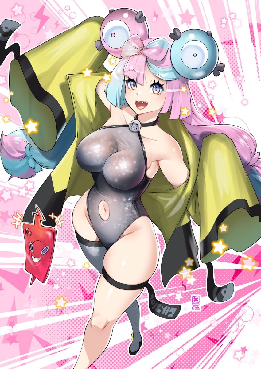 1girls alternate_breast_size blue_hair breasts female game_freak gym_leader hair_ornament hi_res highleg_swimsuit hips iono_(pokemon) kenron_toqueen large_breasts light-skinned_female light_skin long_hair long_sleeves nintendo one-piece_swimsuit pink_eyes pink_hair pointy_teeth pokemon pokemon_sv rotom rotom_phone slim_waist slutty_outfit swimsuit thick_thighs thighs two_tone_hair wide_hips