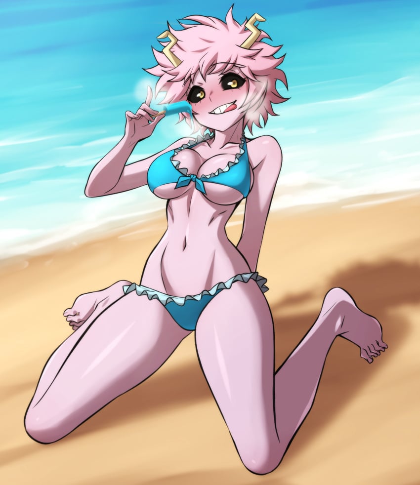 1girls :p beach bikini black_sclera blue_bikini blue_swimsuit blush breasts cleavage female_only horns kneeling large_breasts looking_at_viewer messy_hair midriff mina_ashido my_hero_academia outdoors patrickdja pink_hair pink_skin popsicle popsicle_melting short_hair smile suggestive suggestive_gesture swimsuit tongue tongue_out yellow_eyes