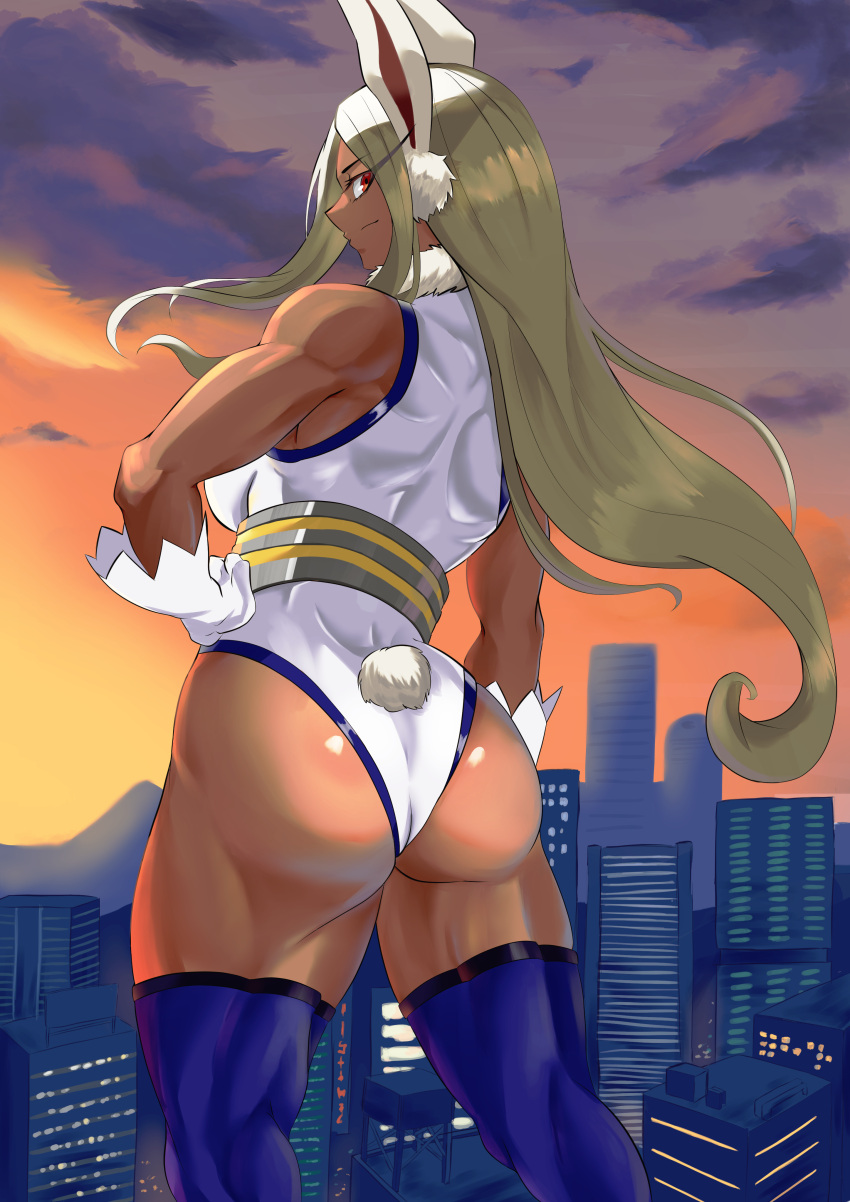 1girls ass ass_focus back back_muscles back_view big_ass breasts bunny_ears bunny_tail dat_ass female female_only hair hand_on_hip huge_ass legwear leotard long_hair looking_back miruko muscles muscular muscular_female my_hero_academia omanju red_eyes rumi_usagiyama solo solo_female superheroine tail thick_thighs thighs thunder_thighs white_hair