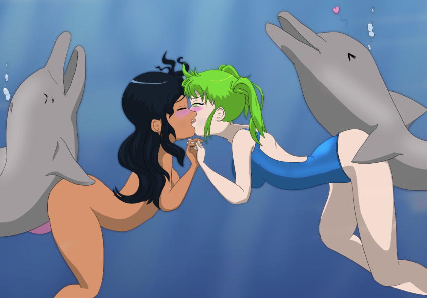 2girls animal_genitalia ass dark-skinned_female dawn_(melangalade) dolphin green_hair kissing melangalade mi'ara mi’ara naked original recording sand swimsuit swimwear underwater underwater_sex zoophilia