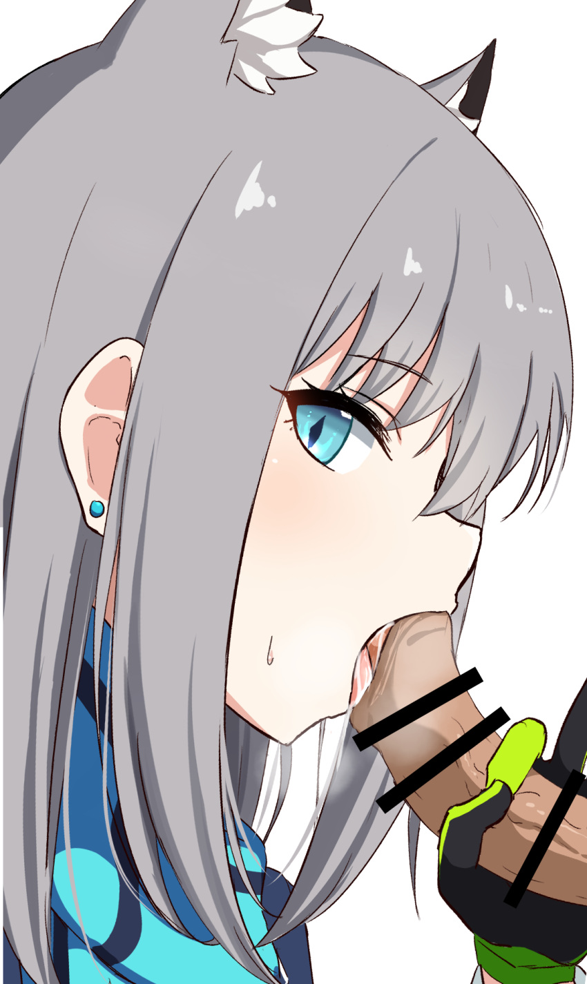 animal_ear_fluff animal_ears bangs bar_censor blue_archive blue_eyes blue_scarf censored close-up cum cum_in_mouth diamond-shaped_pupils diamond_(shape) donutman extra_ears fellatio female gloves green_gloves grey_hair hair_between_eyes highres looking_at_viewer medium_hair oral penis profile scarf shiroko_(blue_archive) sidelocks simple_background solo_focus steam sweatdrop symbol-shaped_pupils tonguejob white_background wolf_ears