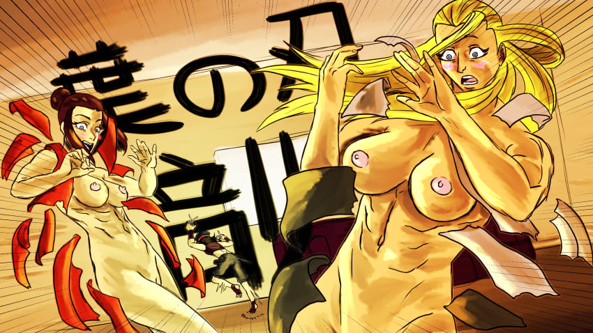 2girls abs blonde_hair breasts cathleen_bate destroyed_clothing devildances embarrassed_nude_female enf exploding_clothes female female_only muscular muscular_female my_hero_academia nipples oc open_mouth star_and_stripe_(my_hero_academia)