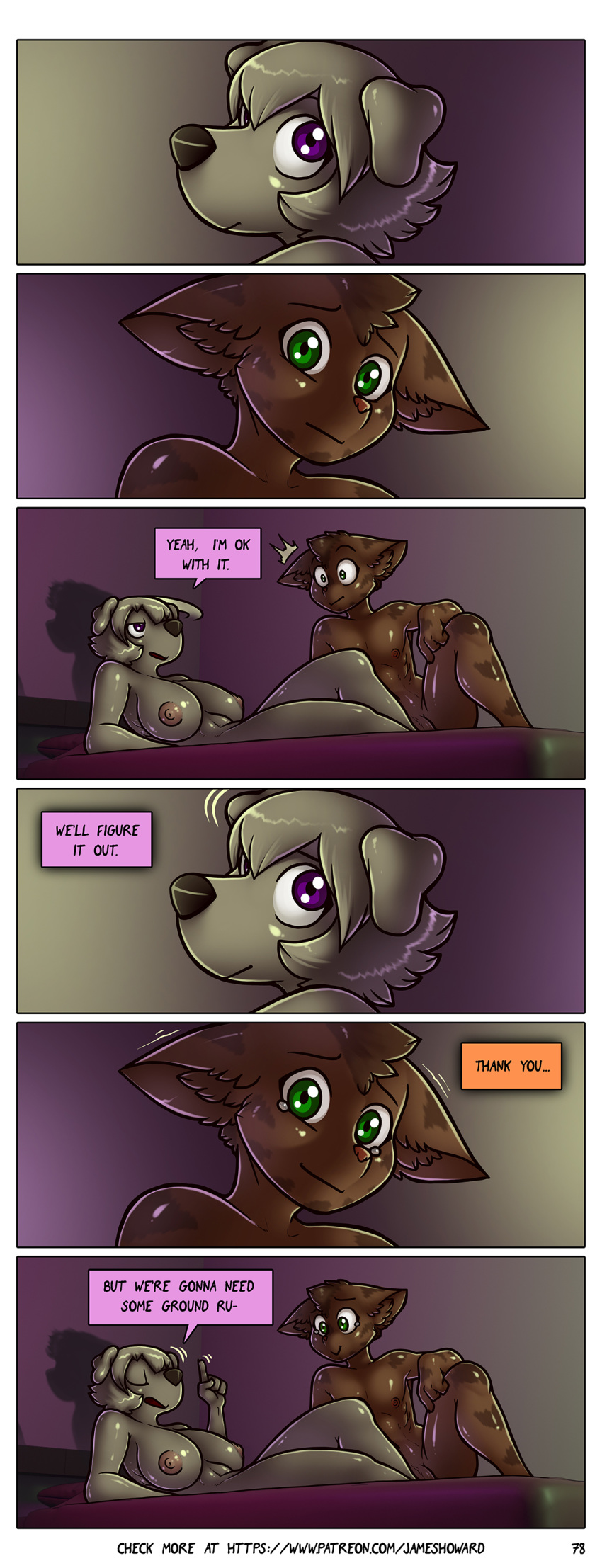 1boy 1girls 2022 absurd_res anthro bed blue_eyes bodily_fluids breasts brown_body brown_fur canid canine canis casual_exposure casual_nudity comic completely_nude dialogue digital_media_(artwork) domestic_cat domestic_dog duo english_text felid feline felis female flaccid fur furniture genitals grey_body grey_fur hi_res james_howard jill_(james_howard) male mammal nipples nude nude_female nude_male on_bed onlyfans page_78 patreon penis purple_eyes subscribestar tears