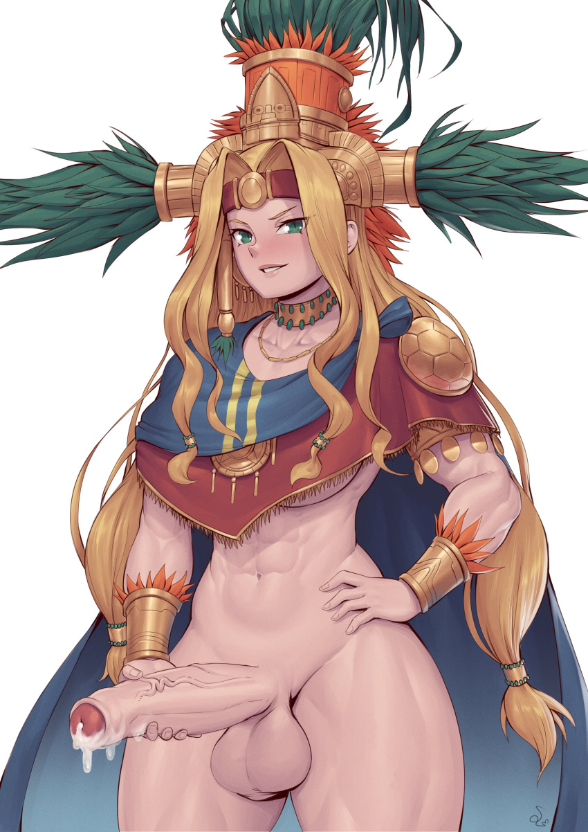 1futa abs after_masturbation aztec aztec_headgear big_penis cum cum_drip fate/grand_order fate_(series) foreskin futa_only futanari green_eyes hand_on_hip holding_penis intersex masturbation muscular muscular_futanari penis quetzalcoatl_(fate) six_pack speedl00ver