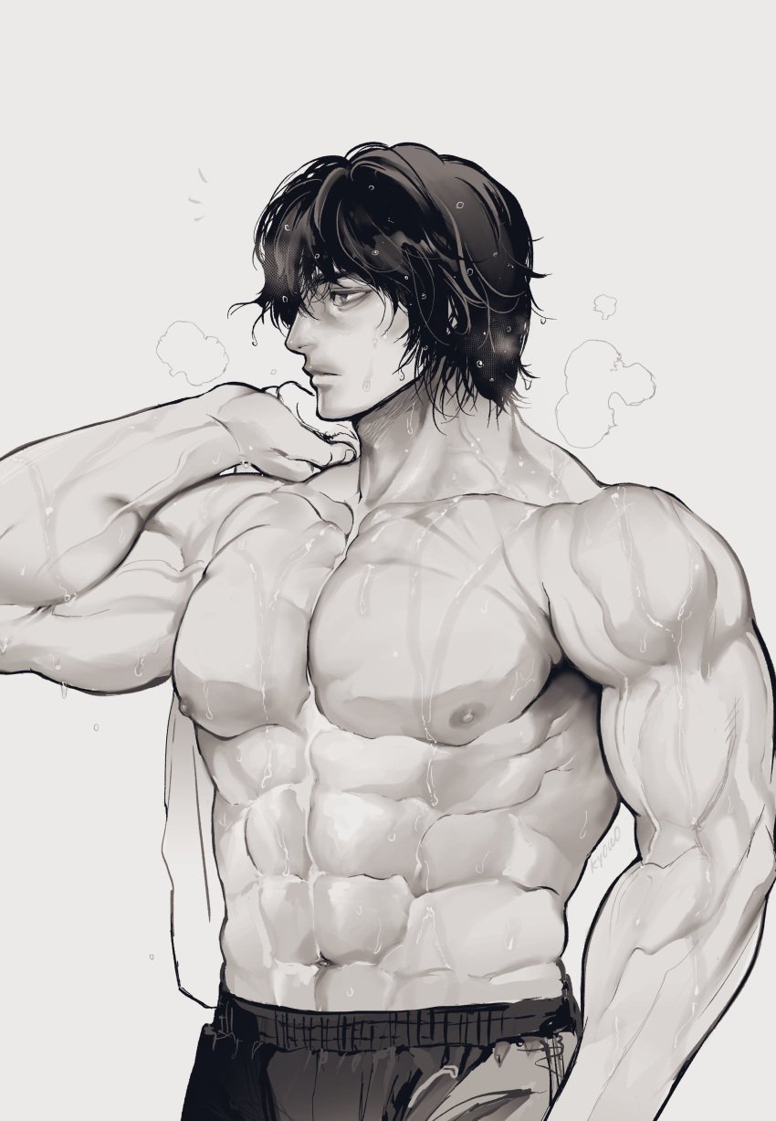 abs bara big_pecs fighter gym_shorts human human_only kengan_(series) kengan_ashura kyowo_sukkesuke male male_only messy_hair monochrome muscular muscular_male pecs solo sportswear steam sweat tokita_ohma topless topless_male towel veins veiny_muscles wet_body wet_hair wet_skin