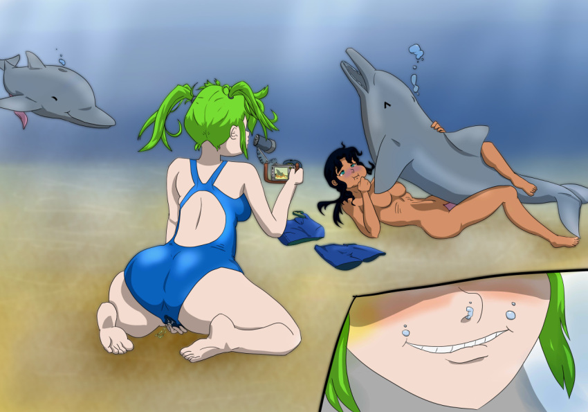 2girls animal_genitalia ass dark-skinned_female dark_skin dawn_(melangalade) dolphin female green_hair melangalade mi'ara mi’ara naked nude original recording sand stomach_bulge swimsuit swimwear underwater underwater_sex zoophilia