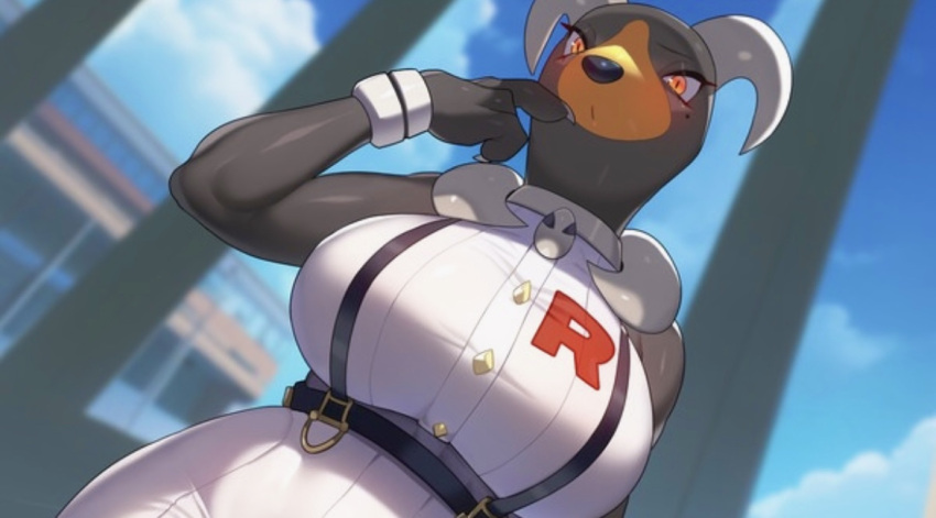 anthro bare_shoulders blush button_down_shirt canine clothing detailed_background dog_girl drunkoak female female_focus female_only houndoom large_breasts long_eyelashes looking_at_viewer looking_down nintendo pokémon_(species) pokemon red_eyes team_rocket