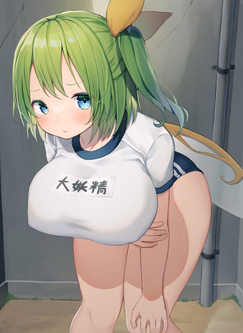 1girls alternate_breast_size alternate_costume arm_under_breasts bad_anatomy big_breasts blue_buruma blue_eyes blush breasts buruma closed_mouth cracked_wall curvy daiyousei embarrassed fairy_wings feet_out_of_frame female green_hair gym_uniform hair_ribbon indoors large_breasts leaning_forward legs looking_at_viewer mamemochi one_side_up ribbon shirt short_hair short_sleeves solo standing thighs touhou white_shirt wings yellow_ribbon