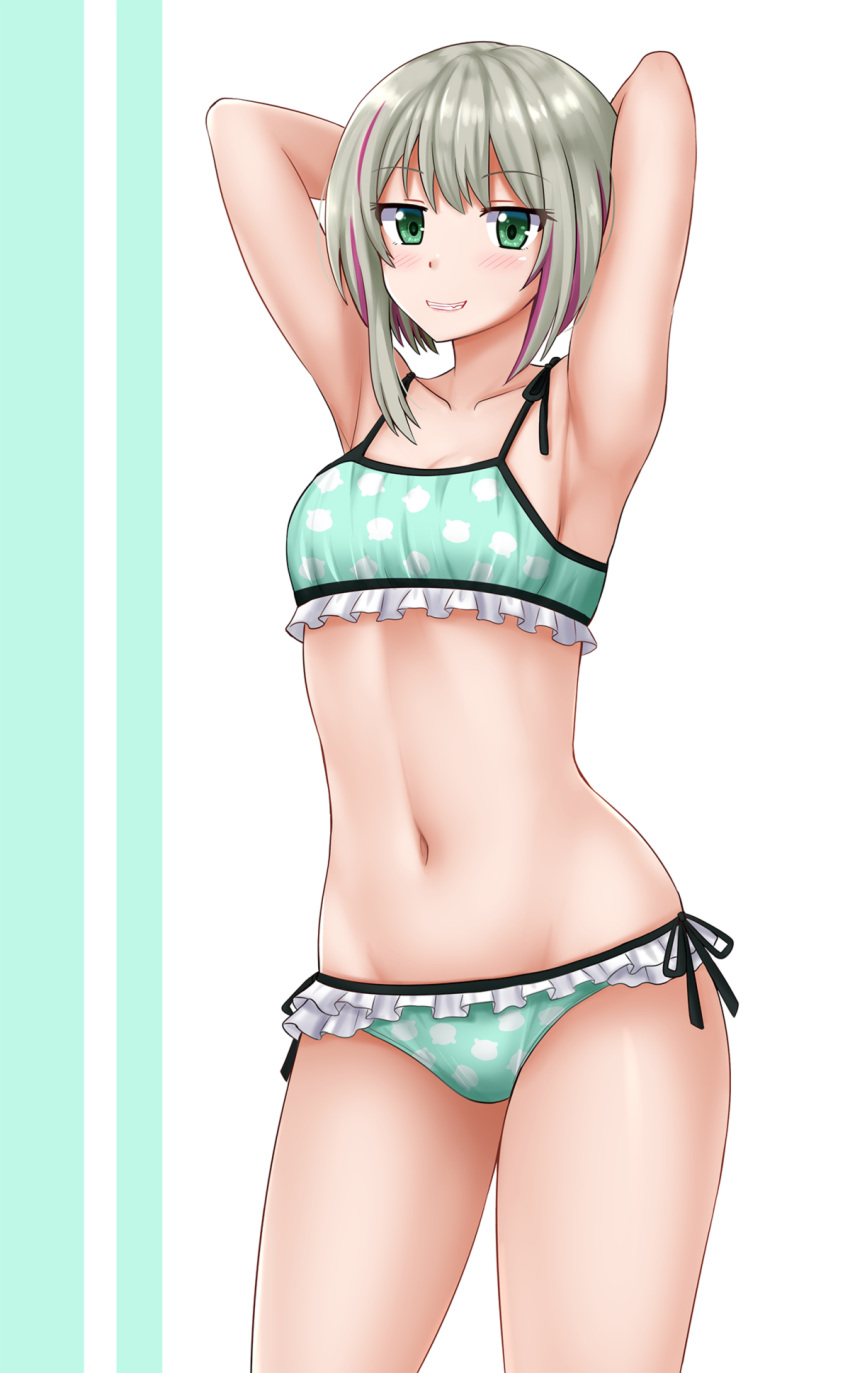 1girls armpits arms_behind_head bare_midriff belly_button bikini blush blush_lines cleavage frilly_clothing gray_hair green_eyes grey_hair kazenokaze lingerie looking_at_viewer medium_breasts midriff miyu_ottavia navel nijisanji nijisanji_indonesia short_hair smiling solo solo_female solo_focus thighs virtual_youtuber