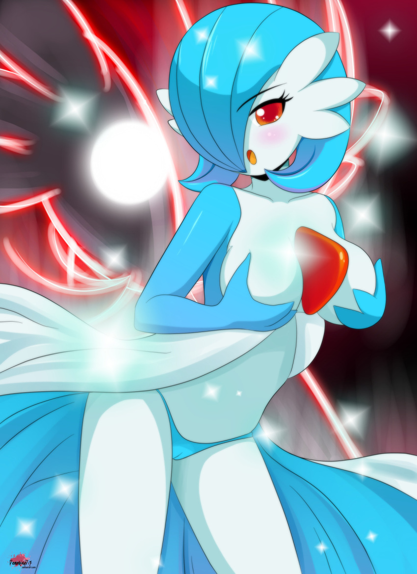 blue_hair breasts cameltoe clothing demonkingd17 female gardevoir hand_on_breast humanoid nintendo open_mouth panties pokémon_(species) pokemon pokemon_(species) red_eyes shiny_gardevoir shiny_pokemon solo underwear