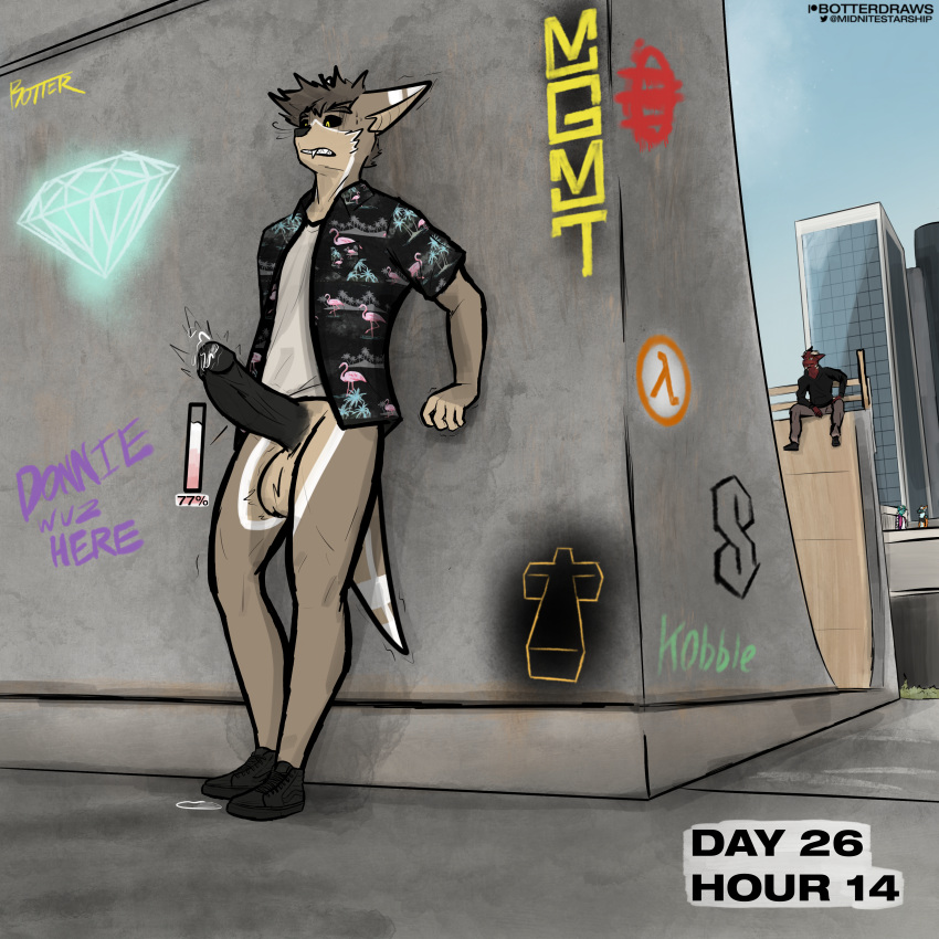 1:1 absurd_res anthro background_character balls big_ears black_penis black_sclera bodily_fluids botter botter_dork bottomless brown_body brown_fur brown_hair chiropteran clothed clothing cum_meter detailed_background digital_media_(artwork) dripping edging english_text erection fangs floral_shirt footwear fur genital_fluids genitals graffiti hair hi_res humanoid_genitalia humanoid_penis hybrid leaking_precum looking_at_genitalia lutrine male mammal meme mustelid nervous nervous_sweat no_nut_november outside penis pent_up precum precum_drip precum_on_ground public public_exposure rio_(botter_dork) shirt shoes skate_park solo solo_male text throbbing_penis topwear