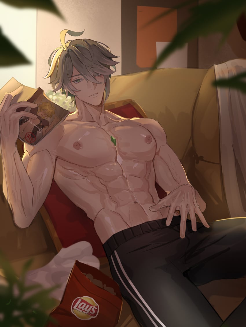 1boy abs aether_(genshin_impact) alhaitham_(genshin_impact) biceps big_chest couch dilf doujinshi genshin_impact green_eyes grey_hair ha_ze lay's lays looking_at_viewer luxurious_chest male male_only mature_male muscular muscular_male nipples older_male on_couch pants pecs reading snack solo toned toned_body toned_male topless topless_male