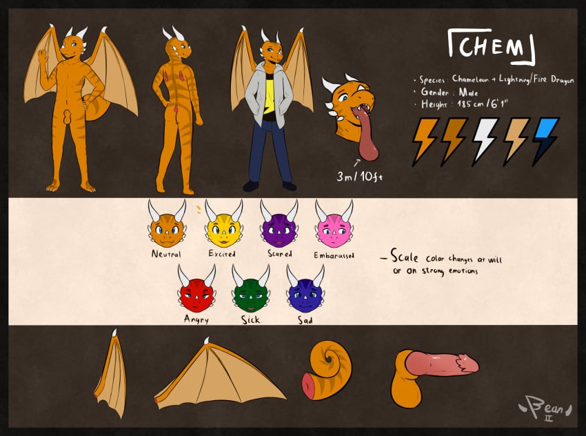 animal_genitalia anthro beanii blue_eyes chameleon chameleon_tail cheek_horn chem_(dragon_chem) color_change dragon dragon_wings english_text facial_horn fully_sheathed genitals hi_res horn hybrid lizard long_tongue male model_sheet nose_horn orange_body orange_scales penis prehensile_tail reptile scales scalie sheath solo text tongue wings