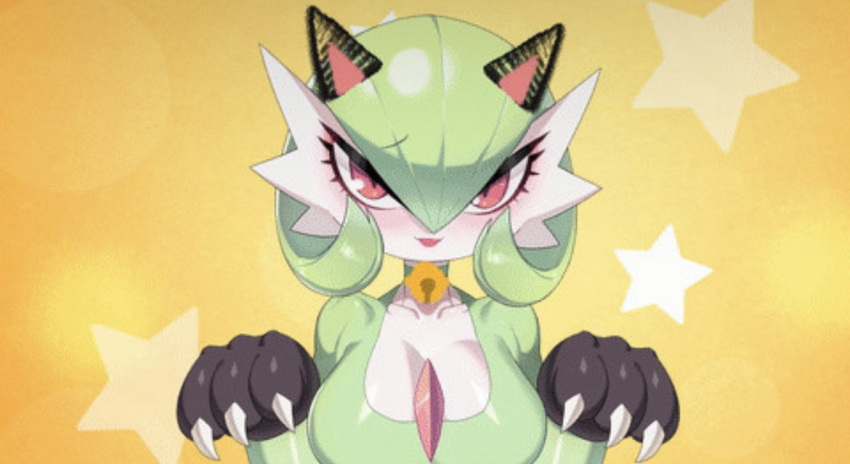 bell bell_collar blush cat_ears cleavage cosplay_gardevoir drunkoak gardevoir green_hair large_breasts long_eyelashes looking_at_viewer nintendo paws pokémon_(species) pokemon pokemon_(species) red_eyes yellow_background