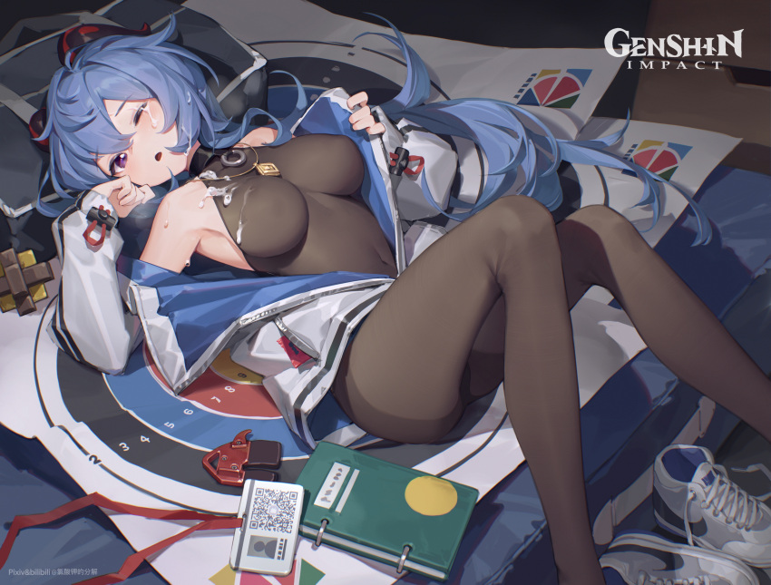 absurdres bangs bare_shoulders bilibili_xiaolu blue_hair bodystocking breasts copyright_name covered_navel cum cum_on_clothes curled_horns facial feet_out_of_frame female ganyu_(genshin_impact) genshin_impact hair_between_eyes highres horns jacket jewelry knees_up long_hair long_sleeves lying medium_breasts necklace notebook on_back one_eye_closed open_clothes open_jacket parted_lips purple_eyes qr_code shoes shoes_removed solo sweat target very_long_hair white_jacket