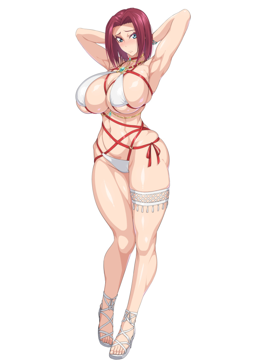 1girls armpits arms_behind_head arms_up bangs bare_shoulders bikini blue_eyes bracelet breasts choker cleavage closed_mouth code_geass collarbone full_body jewelry kallen_stadtfeld large_breasts looking_at_viewer medium_hair navel ozaneko parted_bangs red_choker red_hair sandals simple_background skindentation smile solo standing stomach swimsuit thigh_strap toned white_background white_bikini