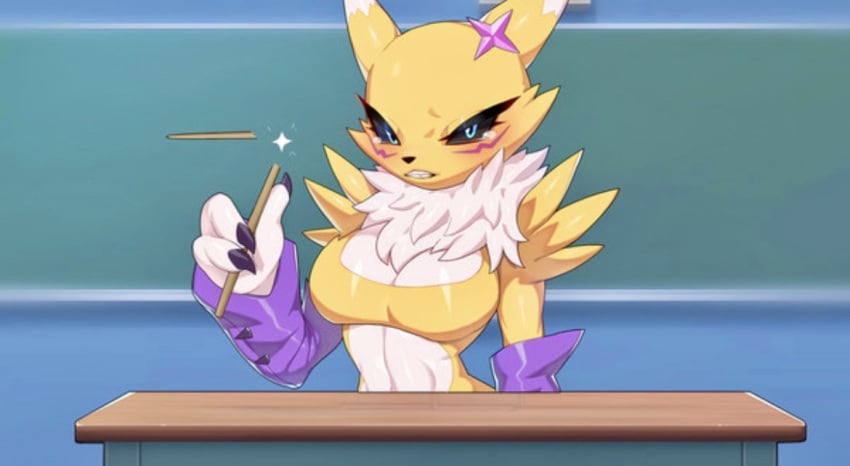 anthro blue_eyes blush cleavage digimon drunkoak female female_focus female_only fox fox_ears fox_girl fur furry large_breasts long_eyelashes looking_at_viewer renamon school teacher