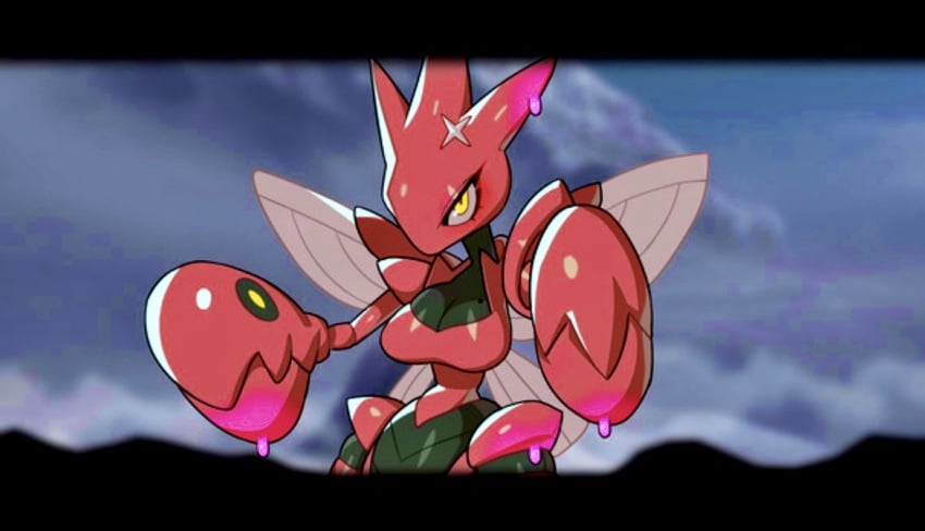 action_lines blush cleavage detailed_background ditto ditto_copied_person dripping drunkoak female female_focus female_only nintendo pokémon_(species) pokemon pokemon_(species) pokemon_only red_body scizor wings yellow_eyes