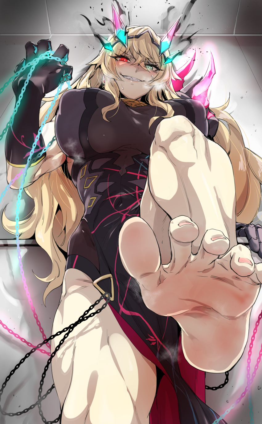 1girls absurd_res barefoot barghest_(gawain)_(fate) big_breasts blonde_hair blush chains evil_grin fangs fate/grand_order fate_(series) feet fingerlike_toes first_person_view foot_fetish green_eyes highres horns long_hair looking_at_viewer muscular_female muscular_thighs red_eyes soles solo steam tall_female thighs toenails toes torichamaru viewed_from_below