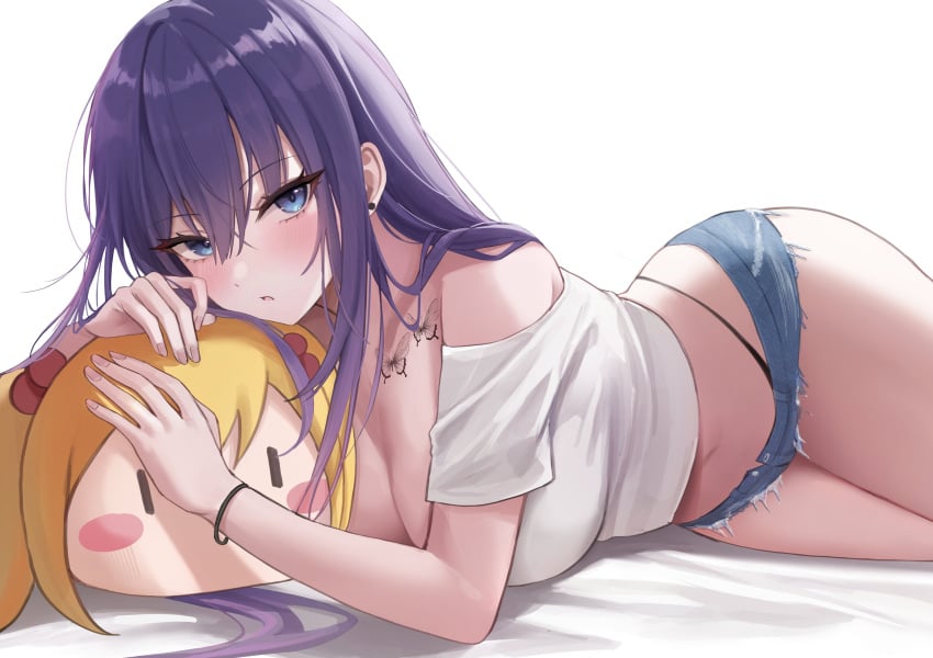 1girls biya blue_eyes blush booty_shorts breast_tattoo breasts butterfly_tattoo cleavage female hi_res hips huge_breasts large_breasts light-skinned_female light_skin long_hair looking_at_viewer oc original_character purple_hair short_shorts shorts slim_waist thick_thighs thighs thong wide_hips yuna_(biya)