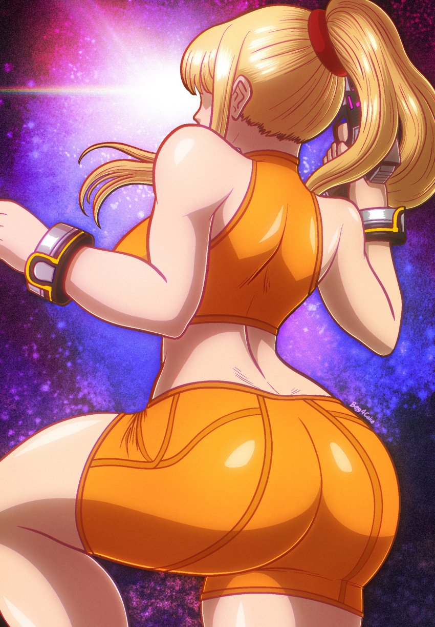 1girls alternate_version_available ass ass_focus back_view beg4cake big_ass big_butt blonde_hair bracelet bracelets breasts casual_outfit_(metroid) curvy female female_focus female_only from_behind gun hi_res high_resolution highres holding_gun holding_object holding_weapon large_ass light-skinned_female light_skin metroid nintendo ponytail revealing_clothes samus_aran shorts sideboob solo solo_female solo_focus tagme thighs topwear voluptuous