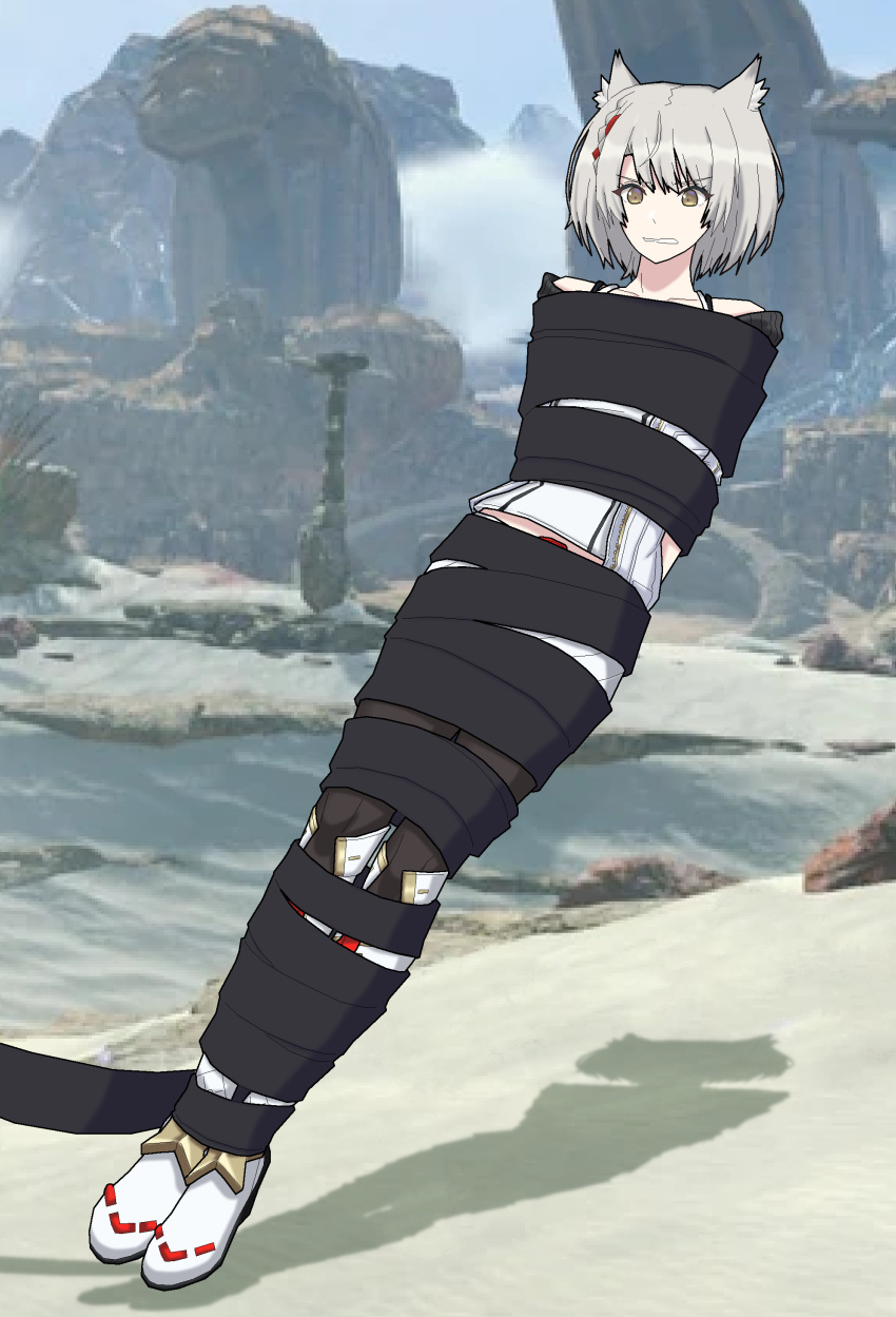 1girls absurd_res angry angry_sub arms_behind_back black_legwear bondage boots bound bound_ankles bound_arms bound_hands bound_legs bound_wrists cat_ears catgirl desert female female_only game_background game_location highres in_game knee_boots kneehighs legwear mechanical_arm mikesedam2 mio_(xenoblade) mummification nintendo scared short_hair silver_hair skirt submissive submissive_female tank_top white_skirt white_tank_top white_topwear wrapped wrapped_up xenoblade_(series) xenoblade_chronicles_3