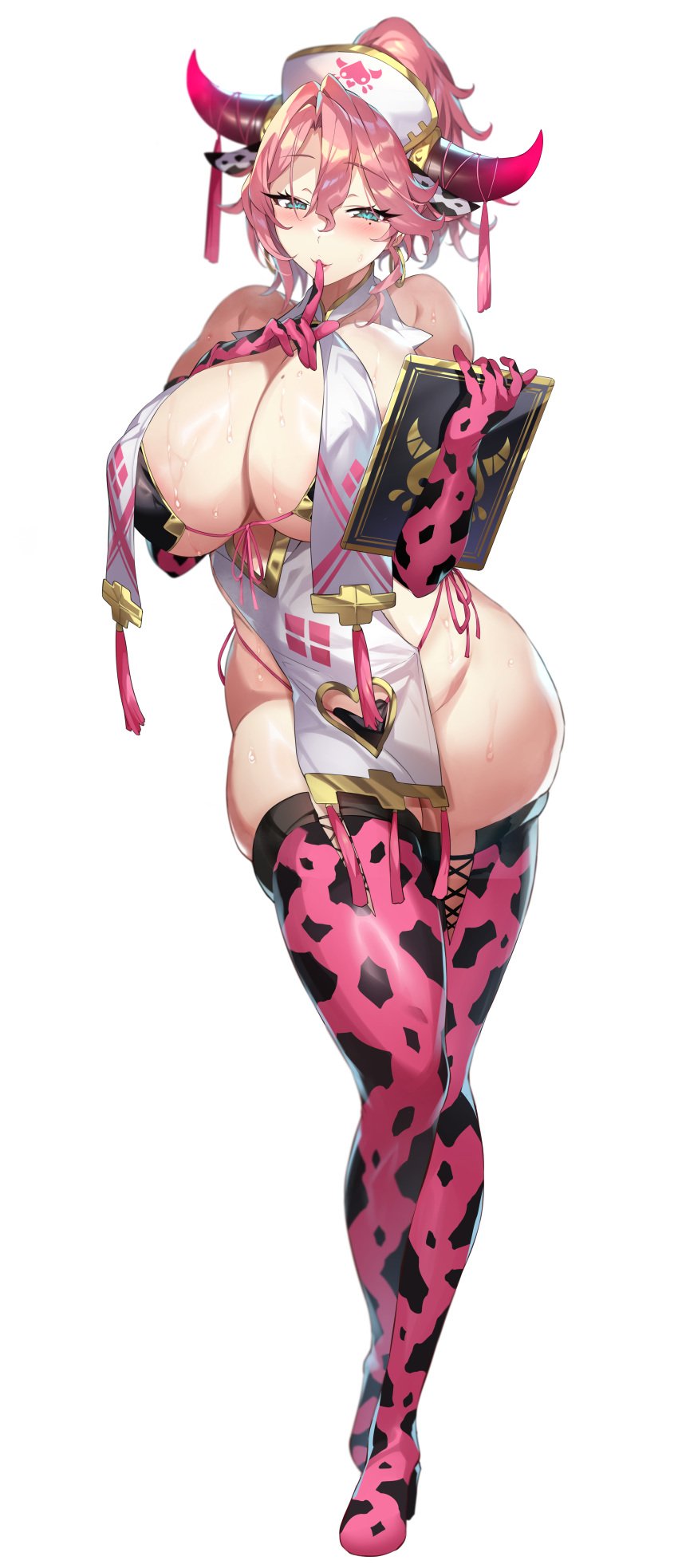 1girls aqua_eyes ass beauty_mark blush breasts bubble_butt bunnystein_fantasy female finger_to_mouth gan_(shanimuni) hat hi_res hips holding_object horns huge_ass huge_breasts large_breasts light-skinned_female light_skin looking_at_viewer mature_female mole_on_breast mole_under_eye naughty_face nurse_cap paina_(bunnystein_fantasy) pink_hair revealing_clothes slim_waist suggestive_look thick_thighs thighs wide_hips