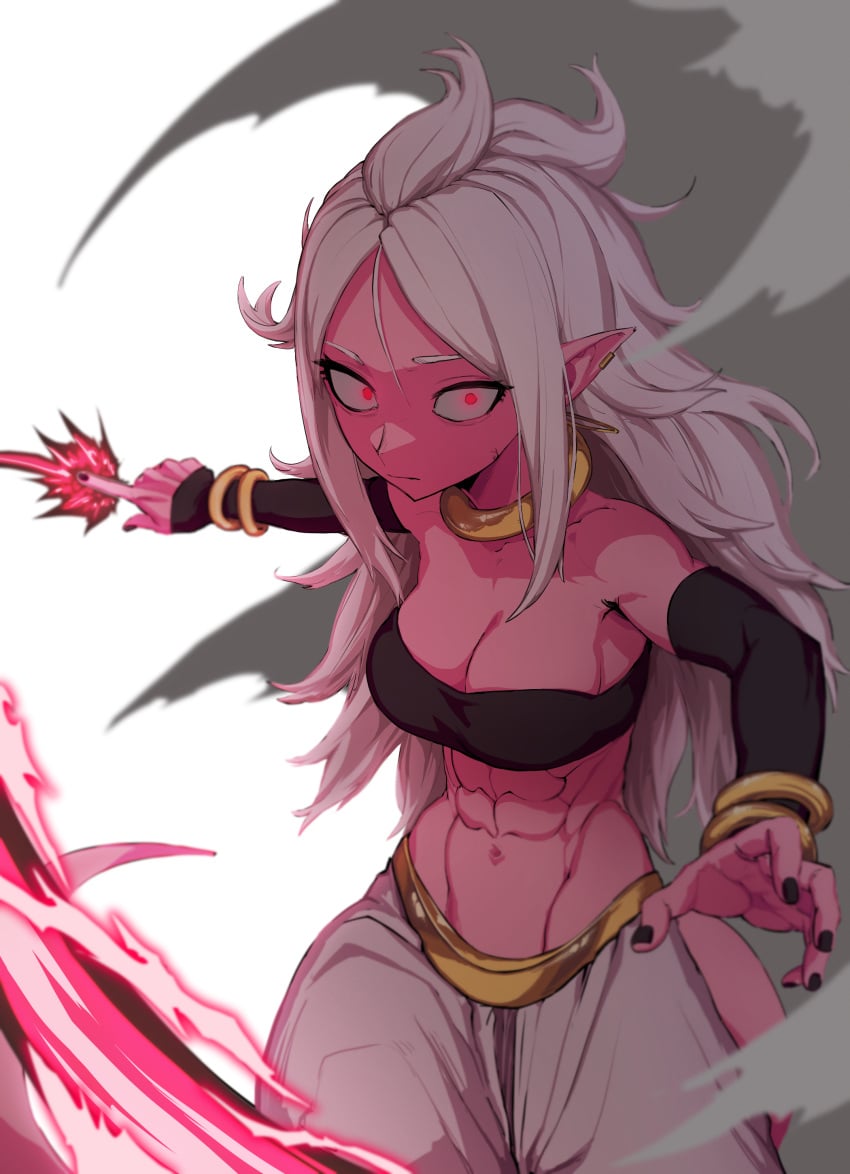 1girls abs android_21 athletic_female attack bare_shoulders belly_button black_nails breasts closed_mouth colored_skin dragon_ball dragon_ball_fighterz dragon_ball_z ear energy_beam female fighting_stance fit fit_female foreshortening harem_outfit highres jewelry large_breasts looking_at_viewer majin_android_21 muscular muscular_female navel necklace pink_skin pointy_ears punching red_eyes serious serious_look six_pack solo solo_female tail white_hair zquung