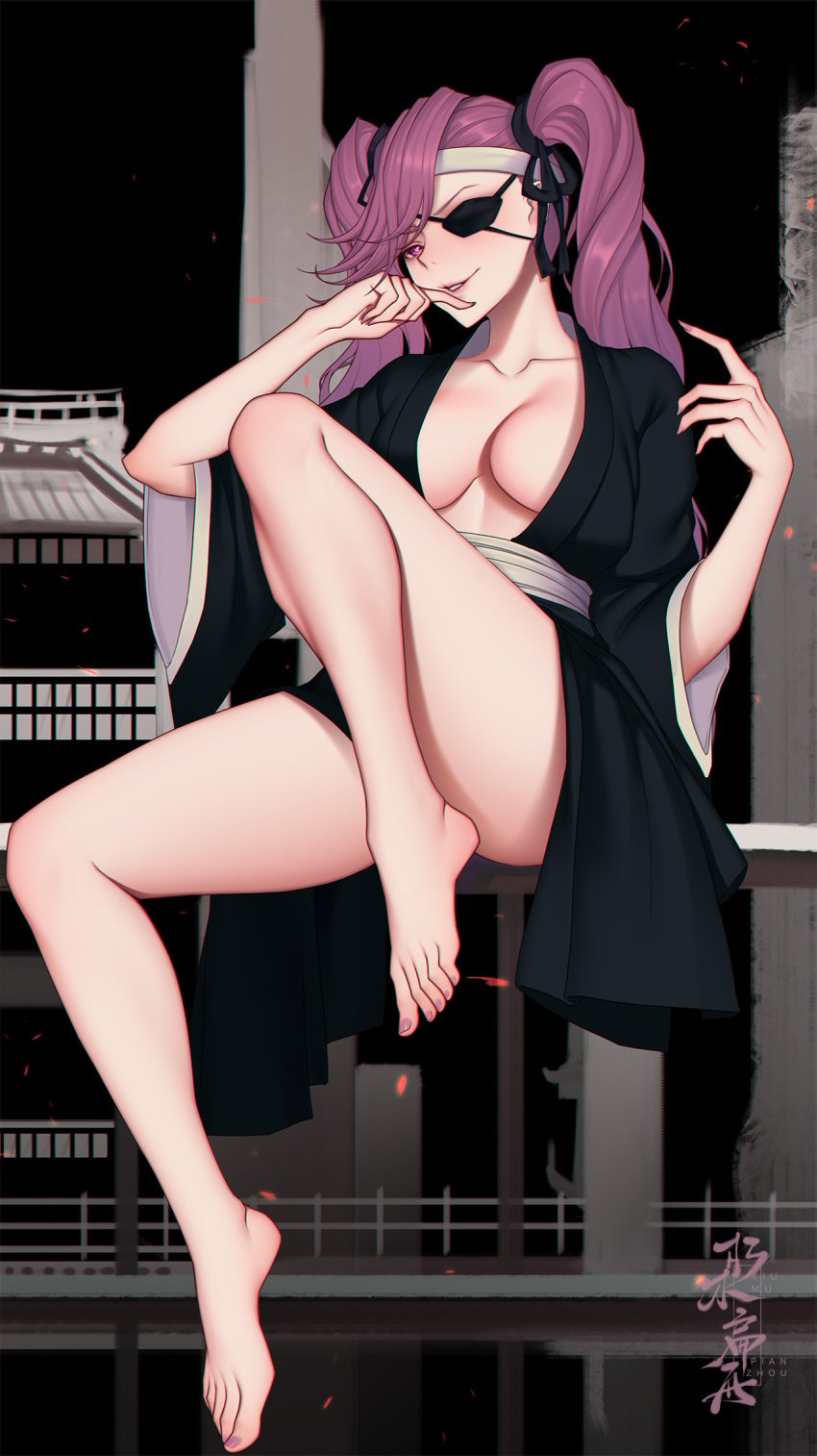 barefoot bleach bleach:_the_thousand-year_blood_war eyepatch feet female headband highres long_hair looking_at_viewer parted_lips purple_eyes purple_hair saitou_furoufushi toes twintails